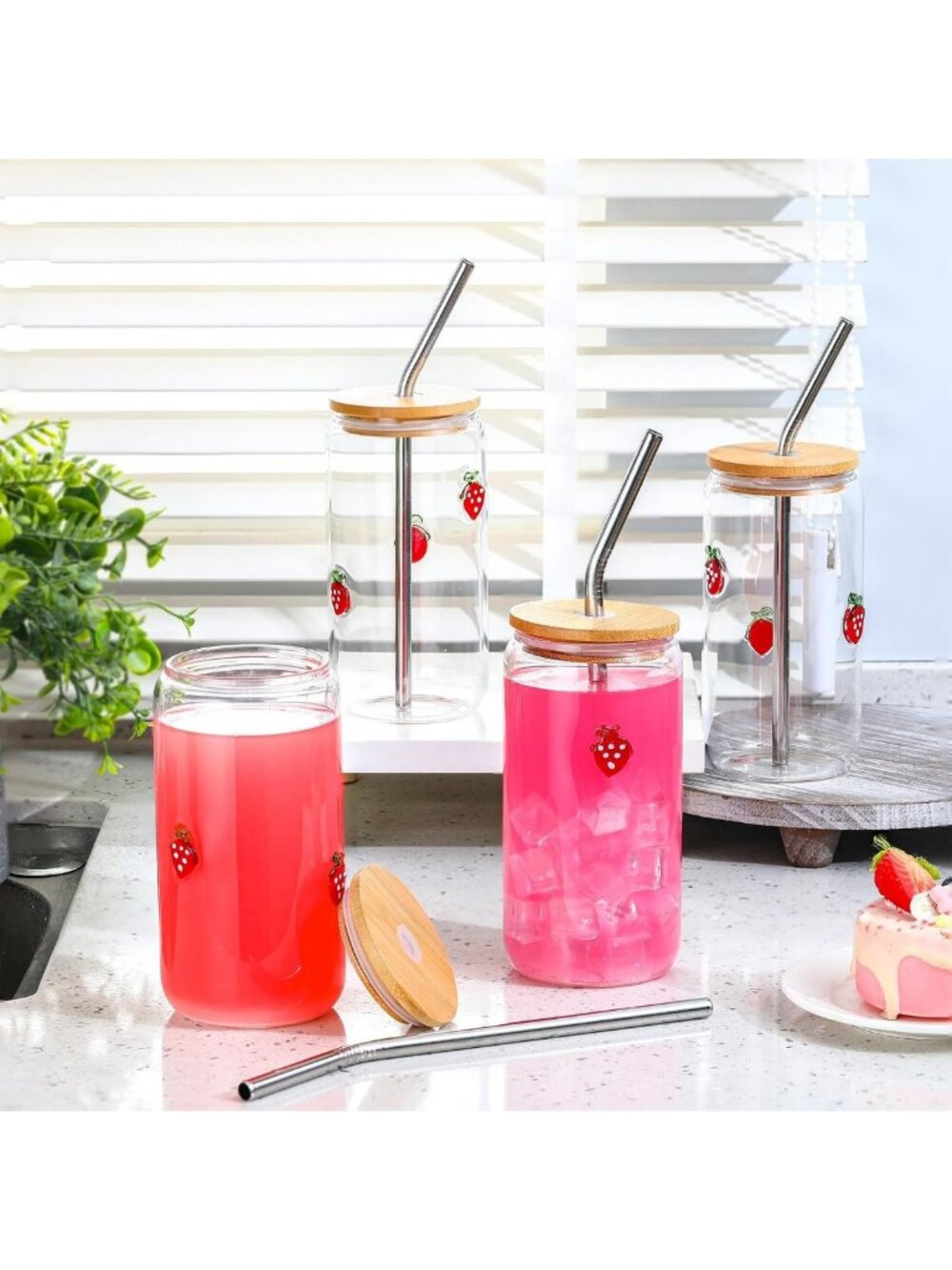 4 Pcs Strawberry Juice Glasses - 17 oz Cups with Lid, Straw & Brush for Parties